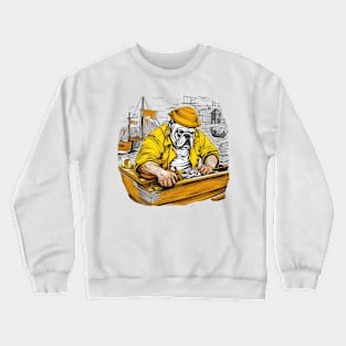 A Carpenter English Bulldog working on a wooden boat, surrounded by water and other boats in a busy Crewneck Sweatshirt